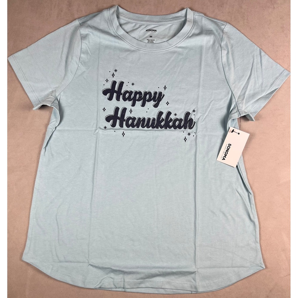 Sonoma Goods For Life Womens Happy Hanukkah Graphic T-Shirt Light Blue NWT
